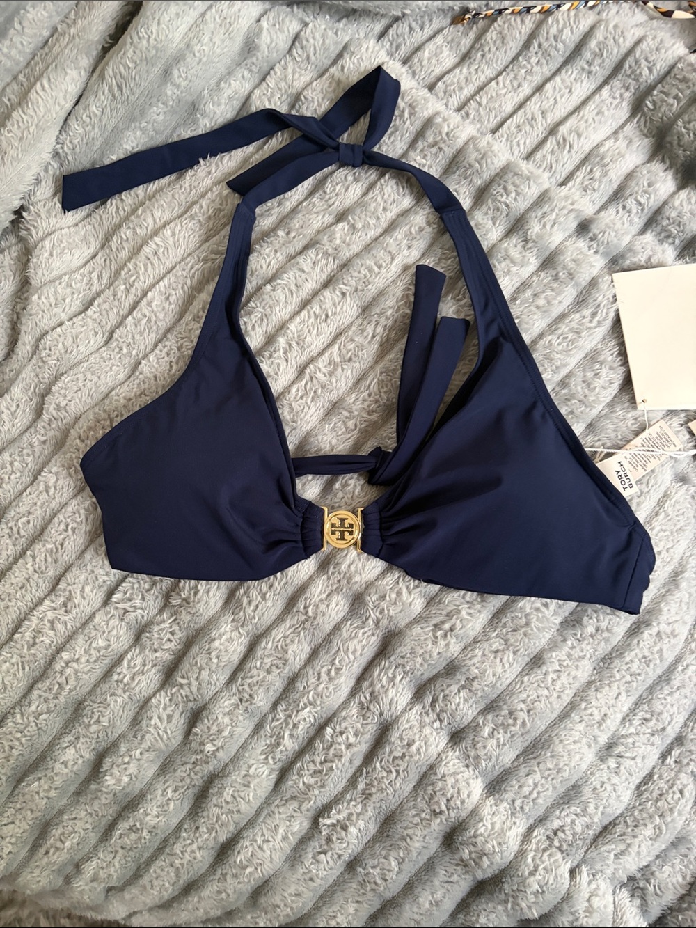 Tory Burch Navy Halter Bikini Top with Gold Logo